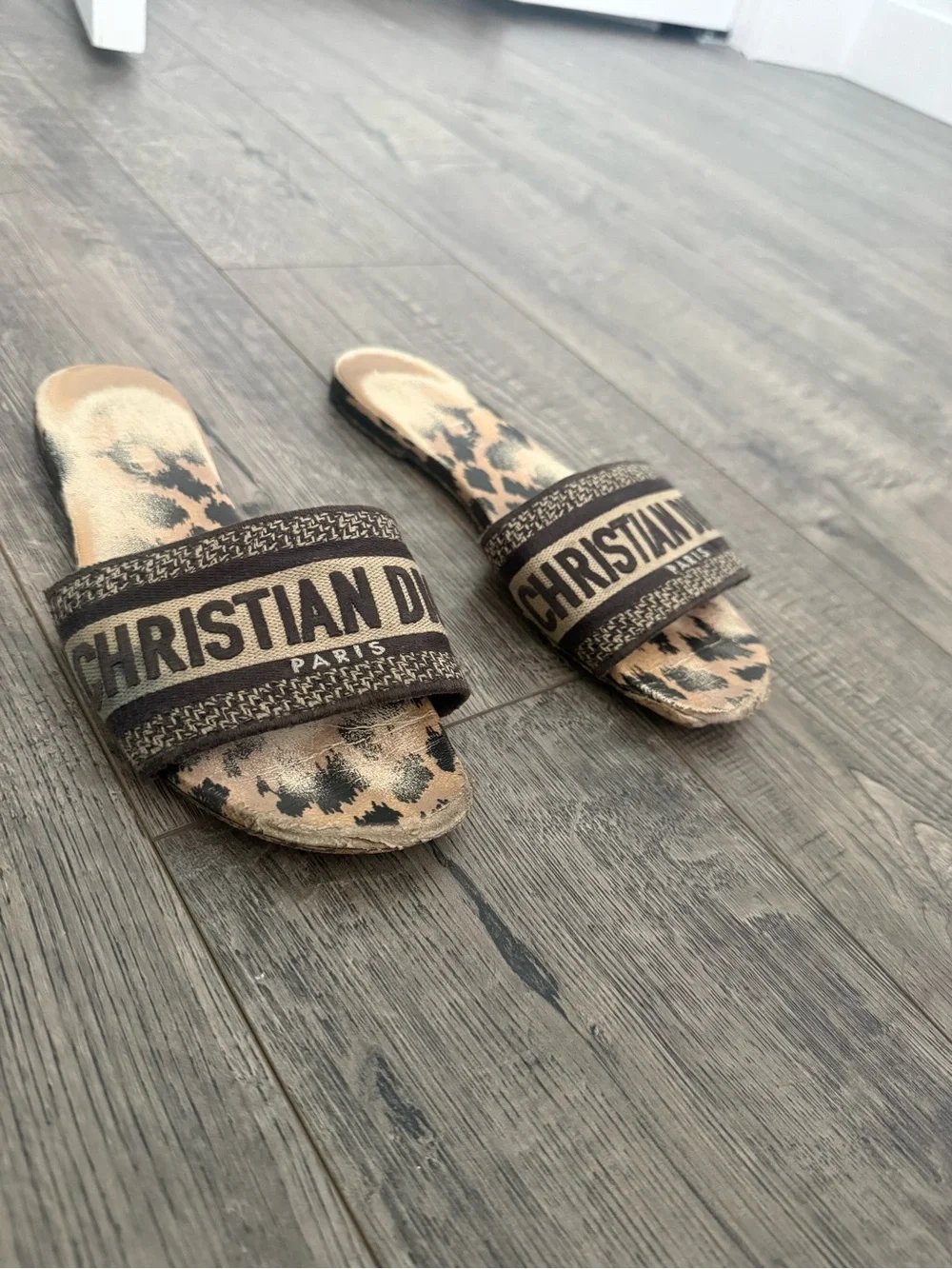 Dior Beige and Dark Brown Leopard Slide Sandals